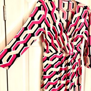 New York & Co. Dress Small A-Line Wrap V. Sleeve. Pink,Beige. Career casual.